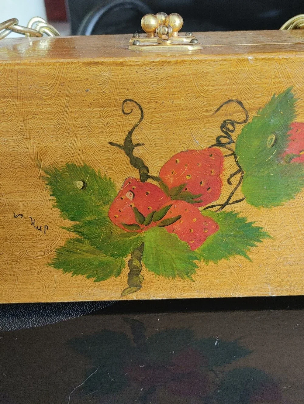 Vintage Mid Century 1960s Wooden Box Purse With Strawberries Painted On It